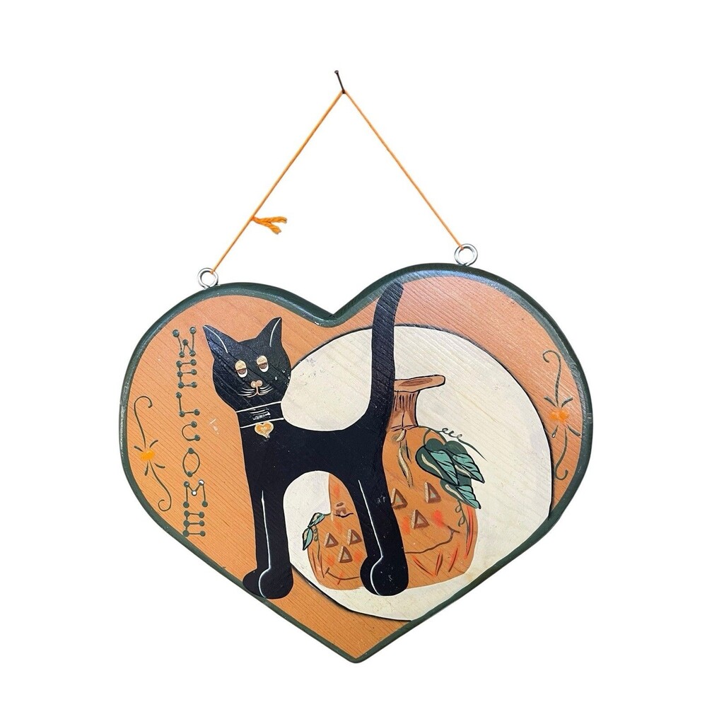 Vtg Handpainted Black Cat Halloween Pumpkin Wooden Heart Welcome Sign Folk Art